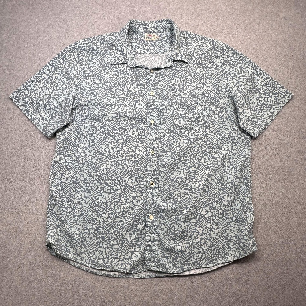 Faherty Breeze Shirt Mens XL Blue Floral Short Sleeve Button Front Hemp Casual